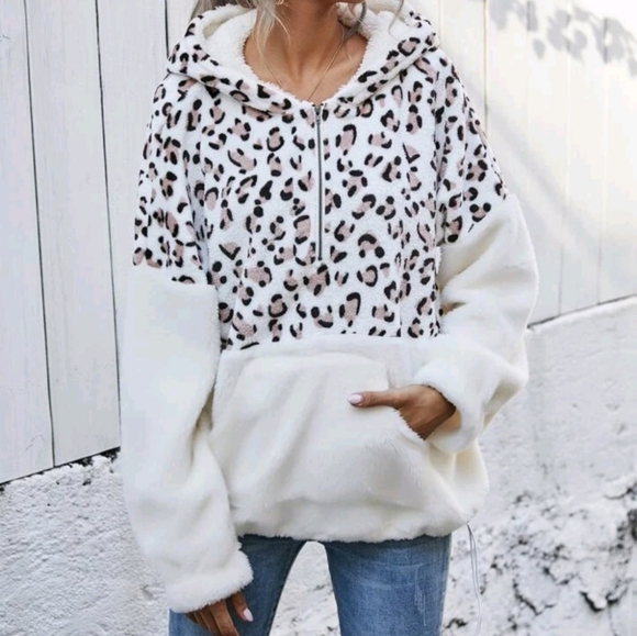 SHEIN LUNE Leopard Panel Half Zip Flannel Hoodie - Picture 4 of 7